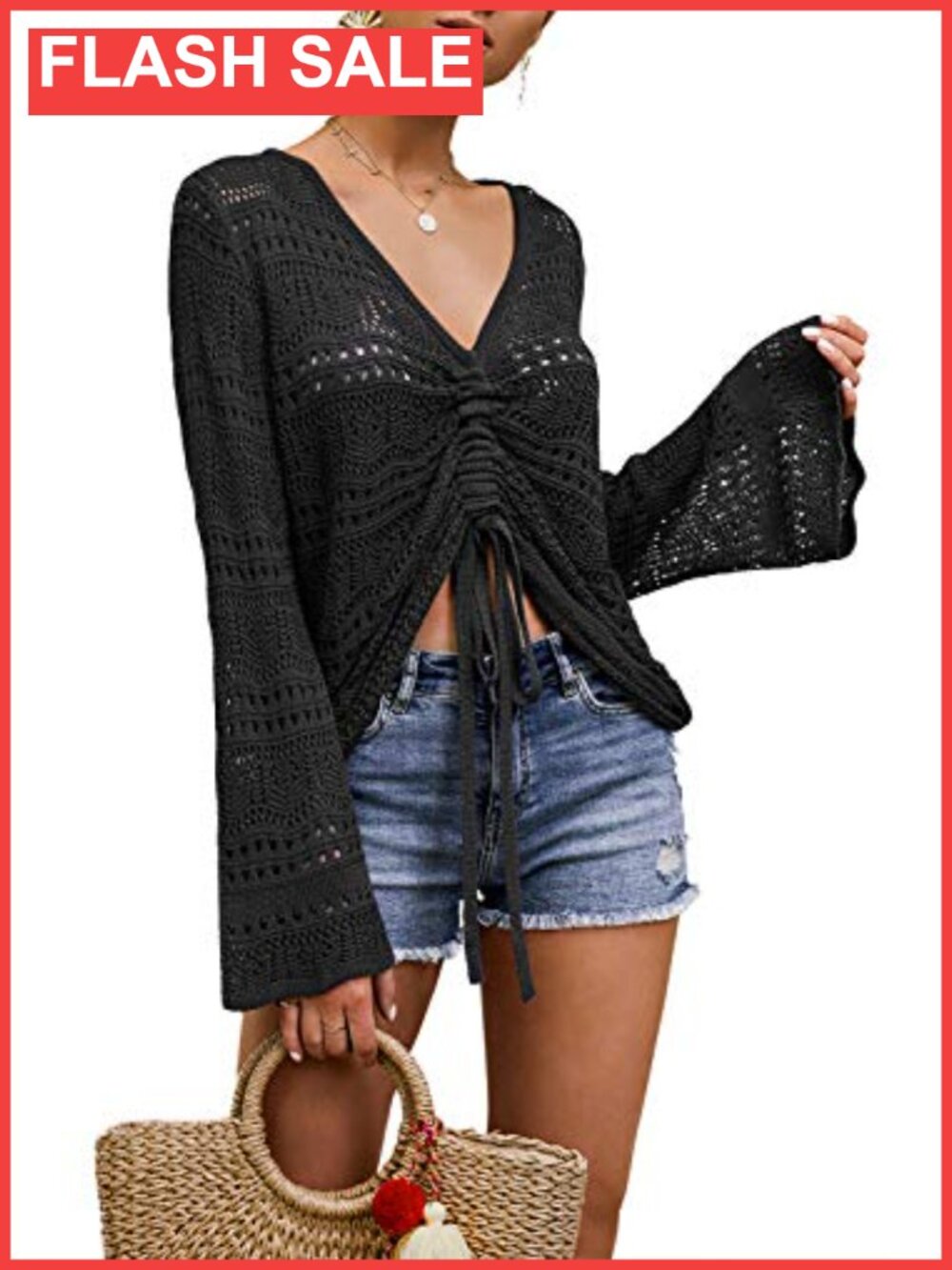 Womens Boho Off Shoulder Sheer Crochet Crop Top Bell Sleeve Sweater